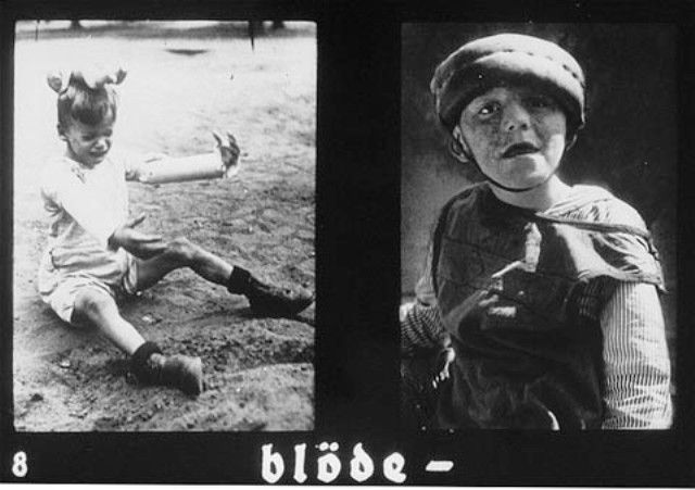 Propaganda slide featuring two photos of mentally ill patients